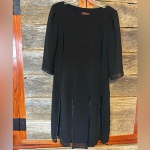 Vtg Cynthia Howie Black Modest 3/4 Sleeve Pleat Dress Pleather Lining Sz 10p